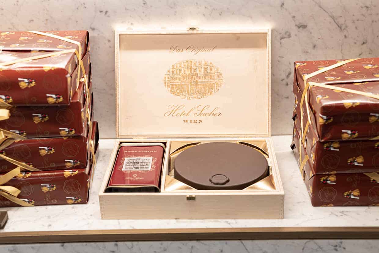 Sacher Torte in a wooden box for gift.