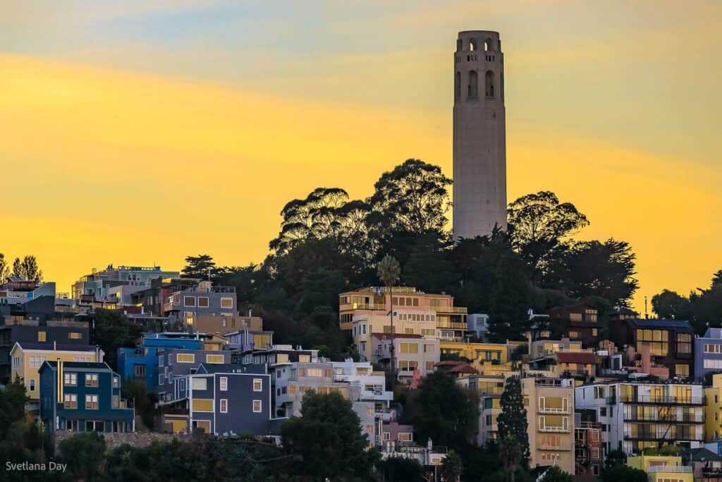 Looking up at Coit Tower from the bottom of Telegraph Hill.