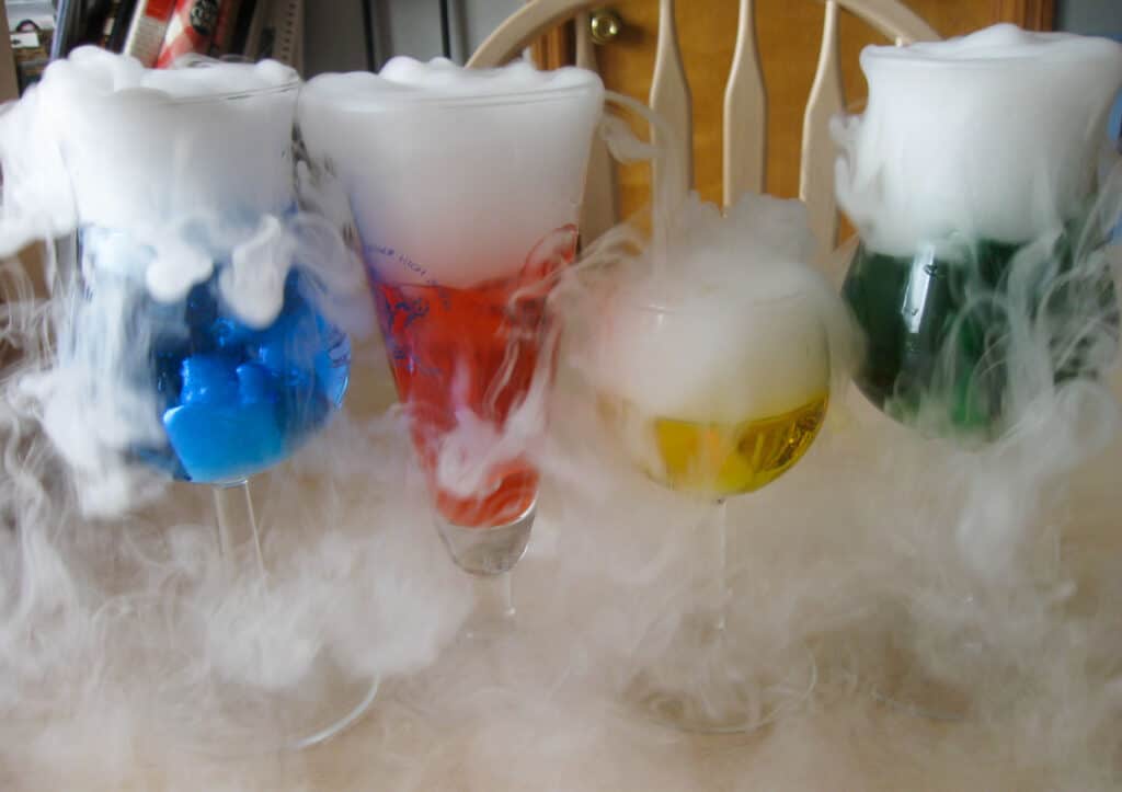 dry ice with colored water