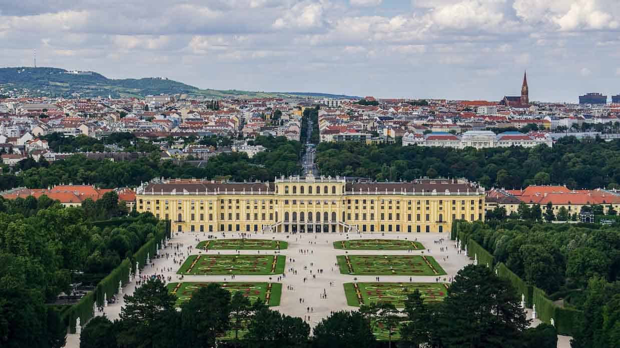 Schönbrunn Palace with Vienna town in the background.