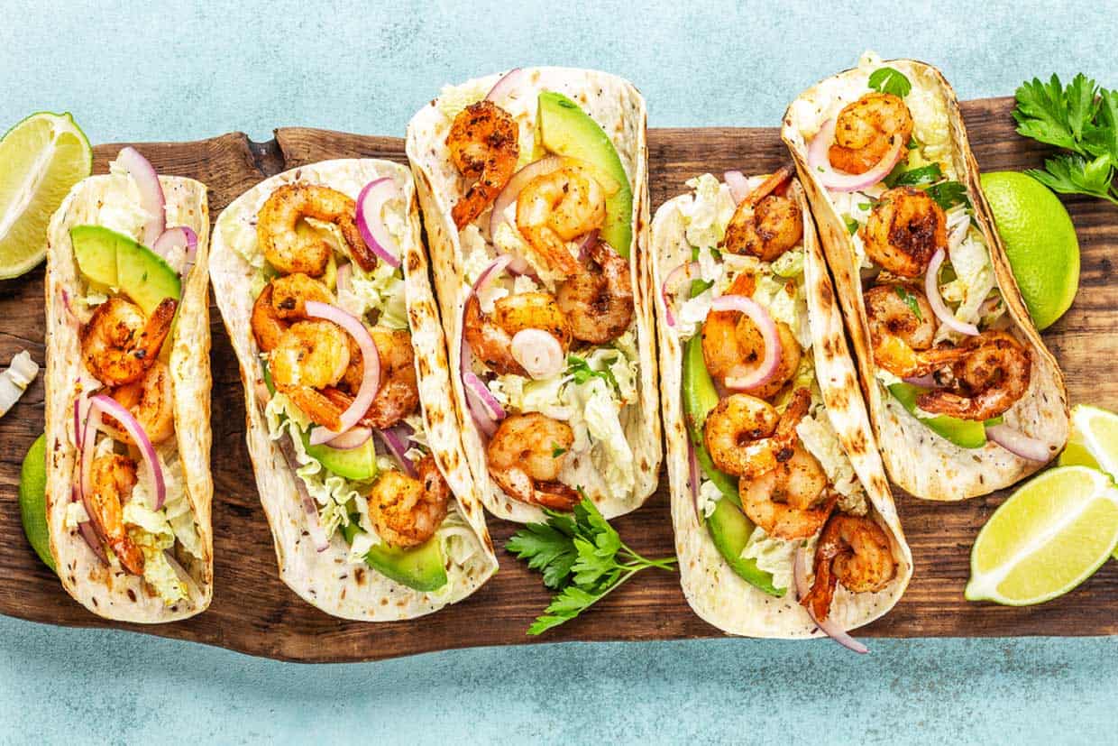 A top-down shot of shrimp tacos.