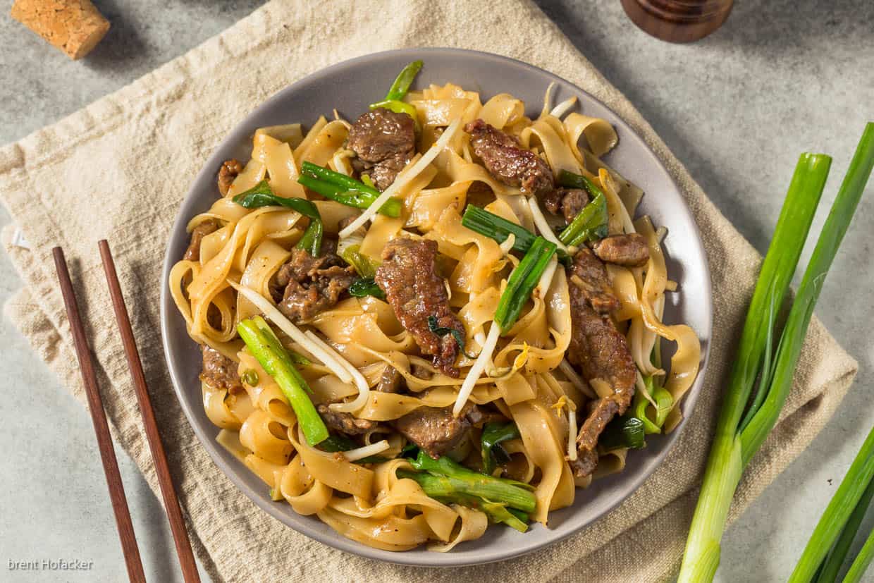 Plate of beef chow fun noodles.