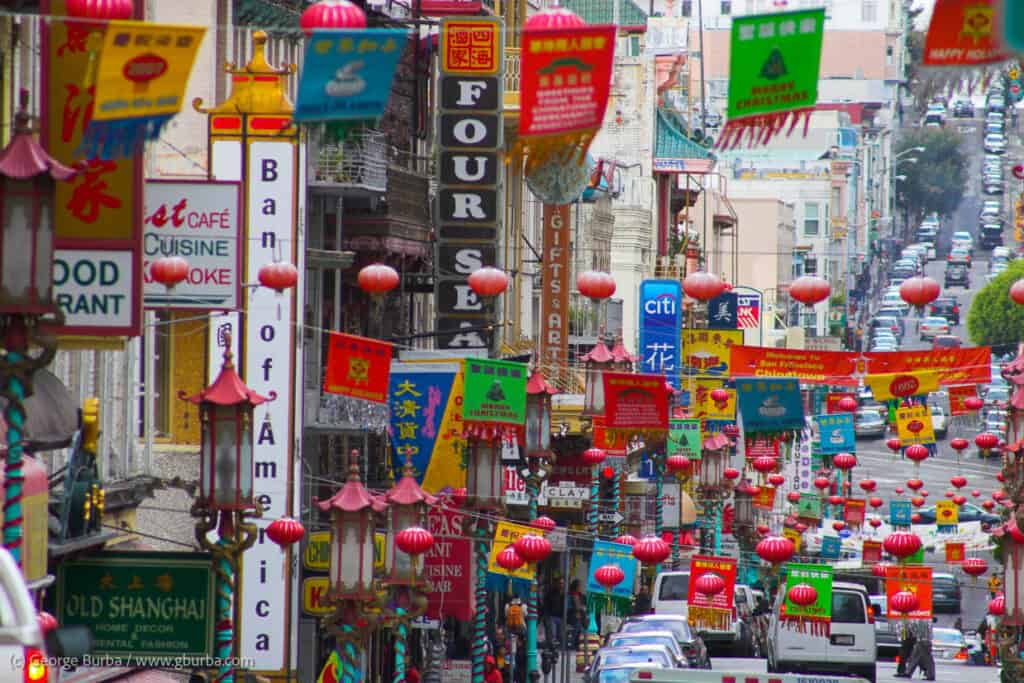 Lanterns hanging over the street in San Francisco Chinatown.