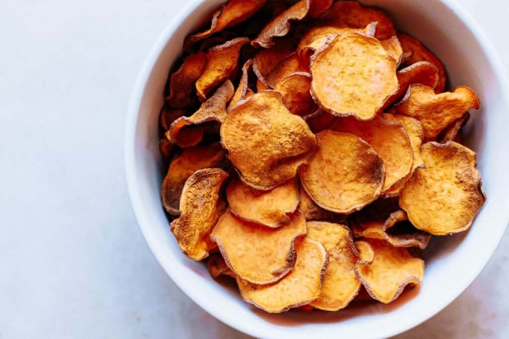 Sweet potato chips in a bowl.