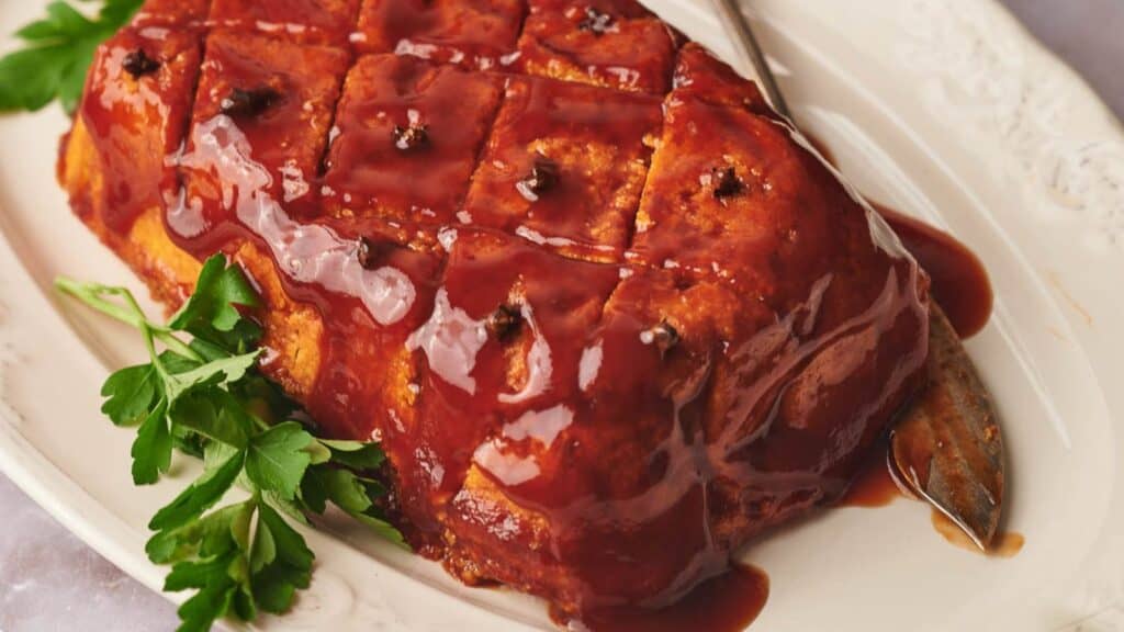 Vegan ham on a serving plate.