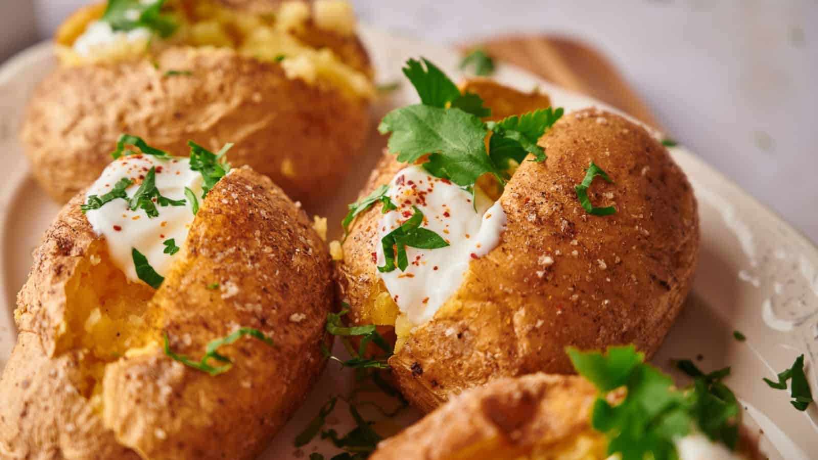 Baked potatoes on a serving dish with sour cream and fresh parsley.