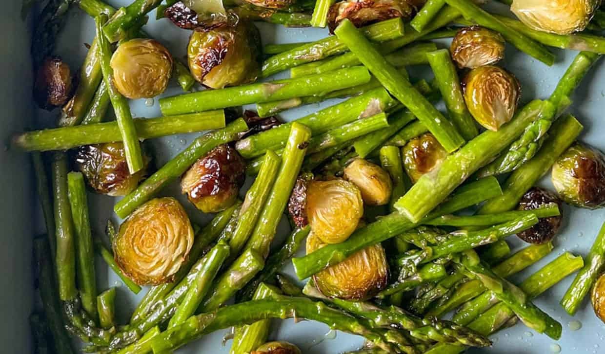 Roasted Brussels Sprouts and Asparagus on a Baking Tray.