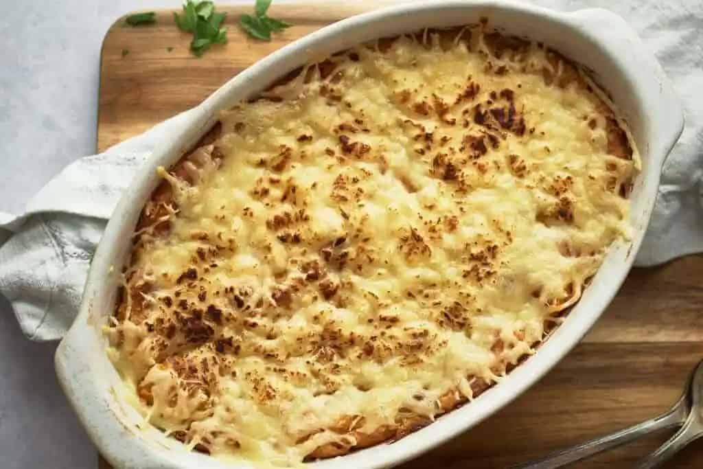 Corn casserole in a baking dish.