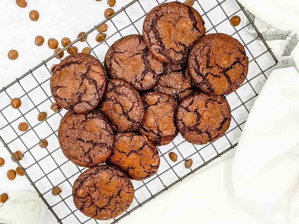Double Chocolate Cookies on a cooling rack.