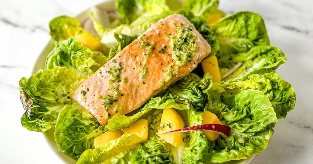 Salmon mango salad on a white plate.