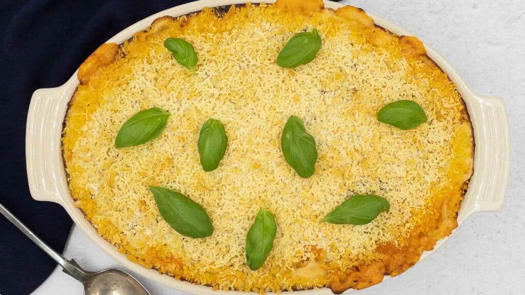 Oven dish full of pasta al forno.