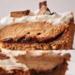 A slice of Reese's pie sits on a cake slice, ready to be served.