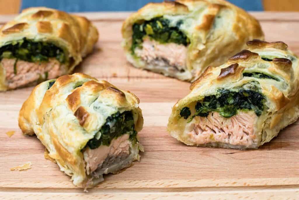 Salmon Wellington slices.