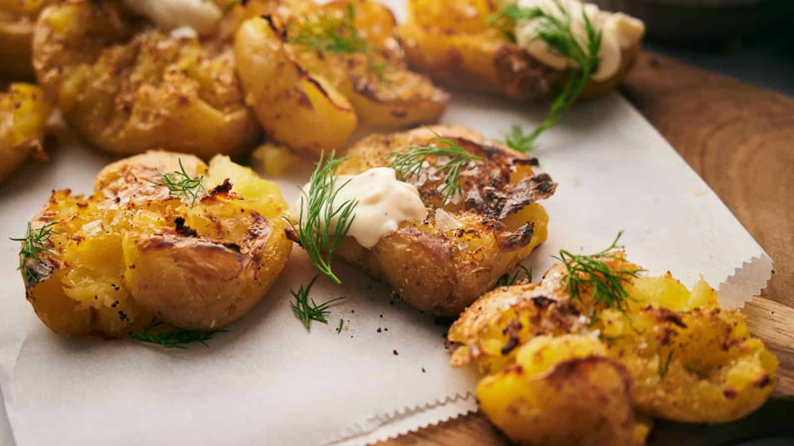 Smashed potatoes on parchment paper, with dollops of sauce and sprigs of dill.