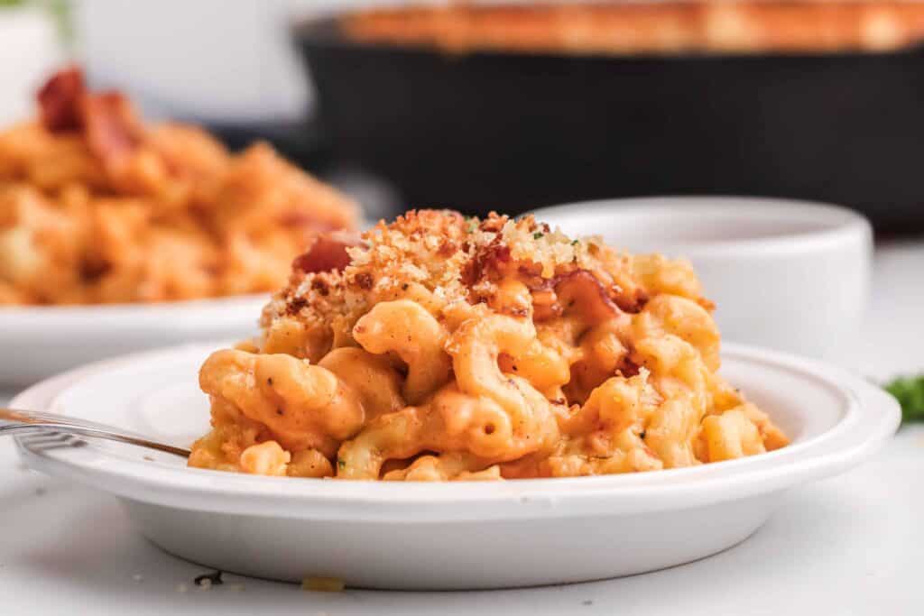 A plate with smoked mac and cheese.