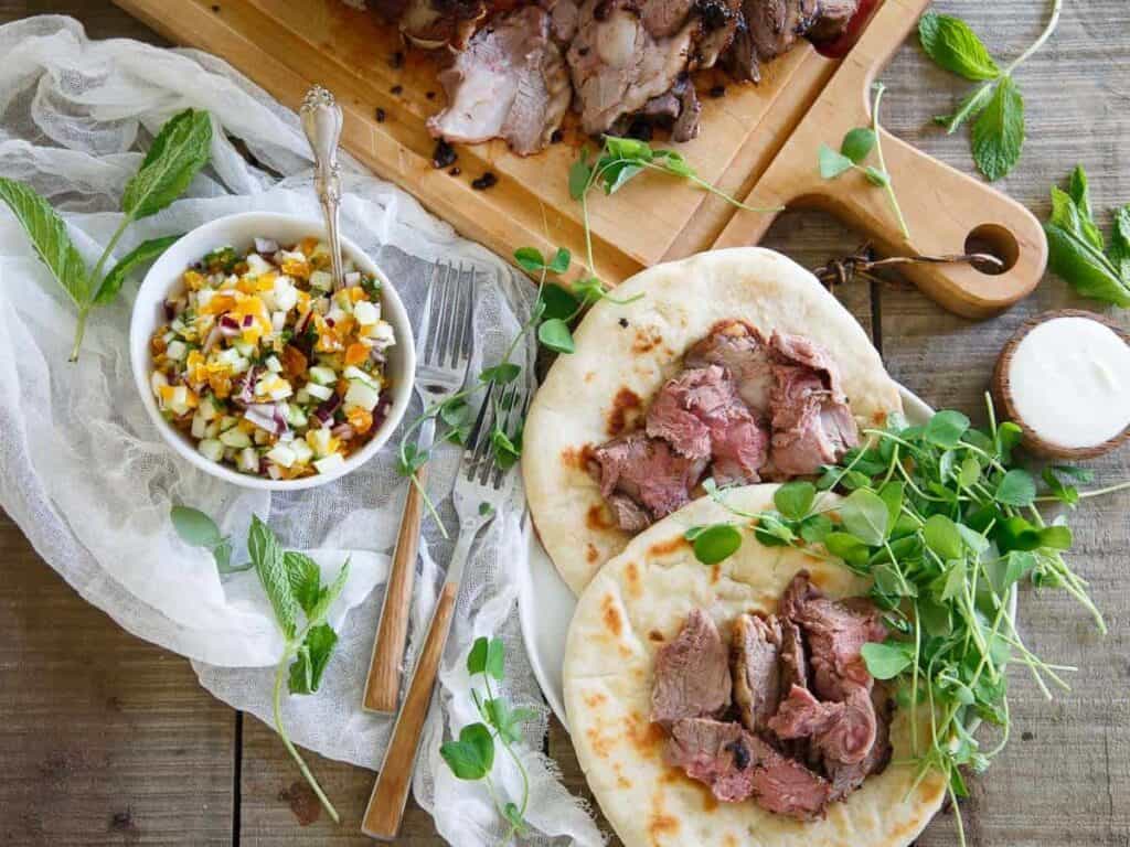 Gyros with apricot salsa and pea shoots.