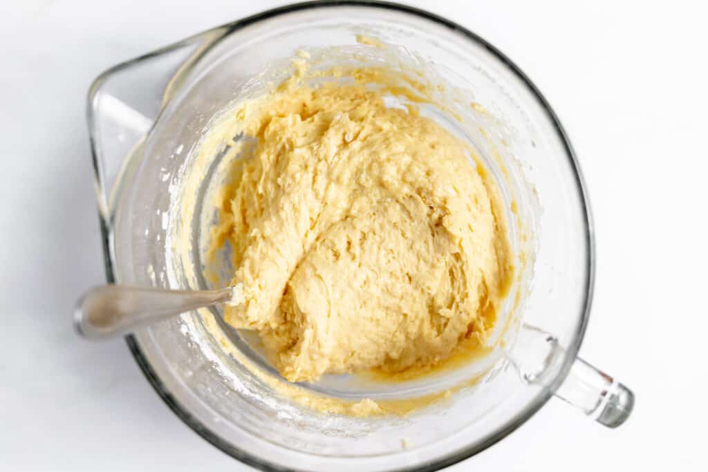 Strawberry Bread batter in a mixing bowl. 