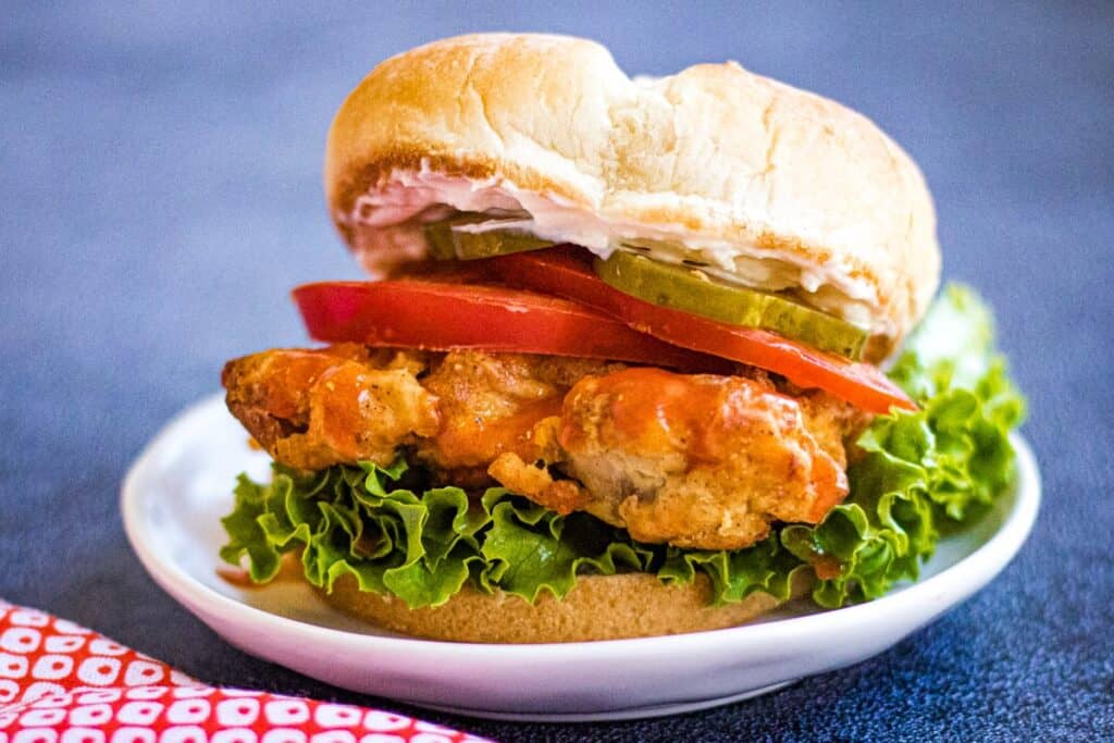 Air fryer fried chicken sandwich on a plate.