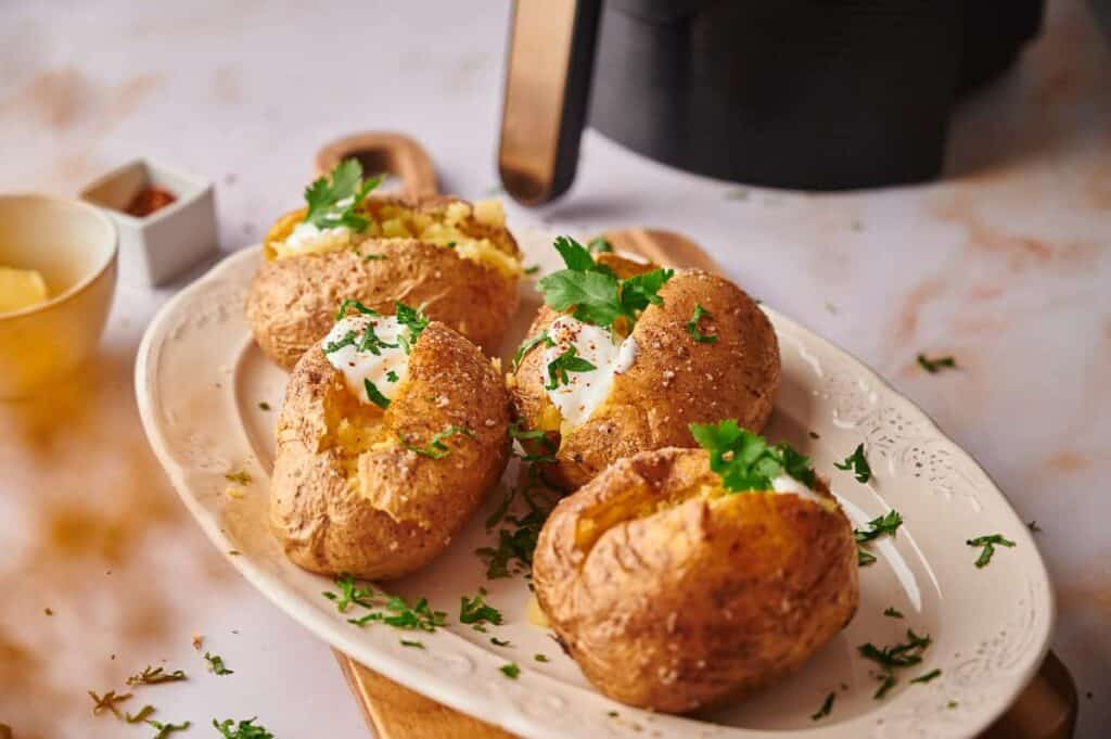 Air Fryer Baked Potatoes on a plate.