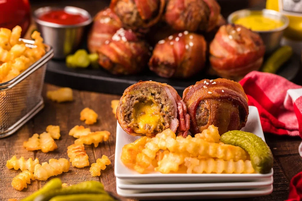 Bacon-Wrapped Cheeseburger bites one plate with crinkle cut fries. 