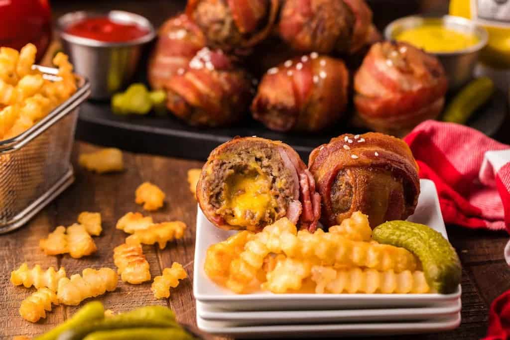 Bacon Wrapped Cheeseburger Bites on a plate.