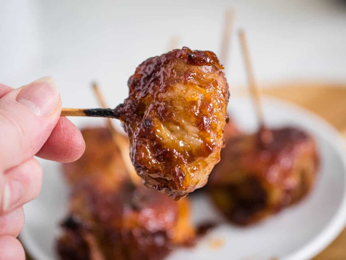 Bite size chestnuts wrapped in bacon. 