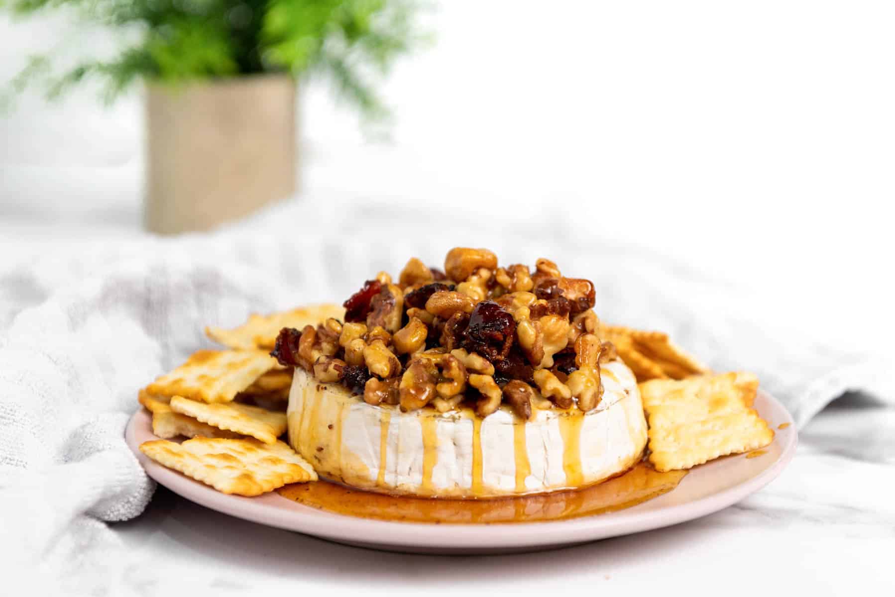 Baked Brie with Honey on a plate.