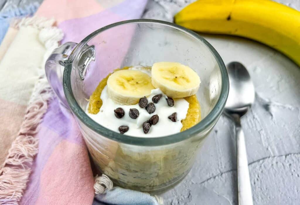 Banana chocolate mug cake with chocolate chips.