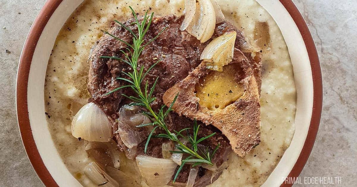 Easy beef shank slow cooker recipe over cauliflower mash with rosemary.