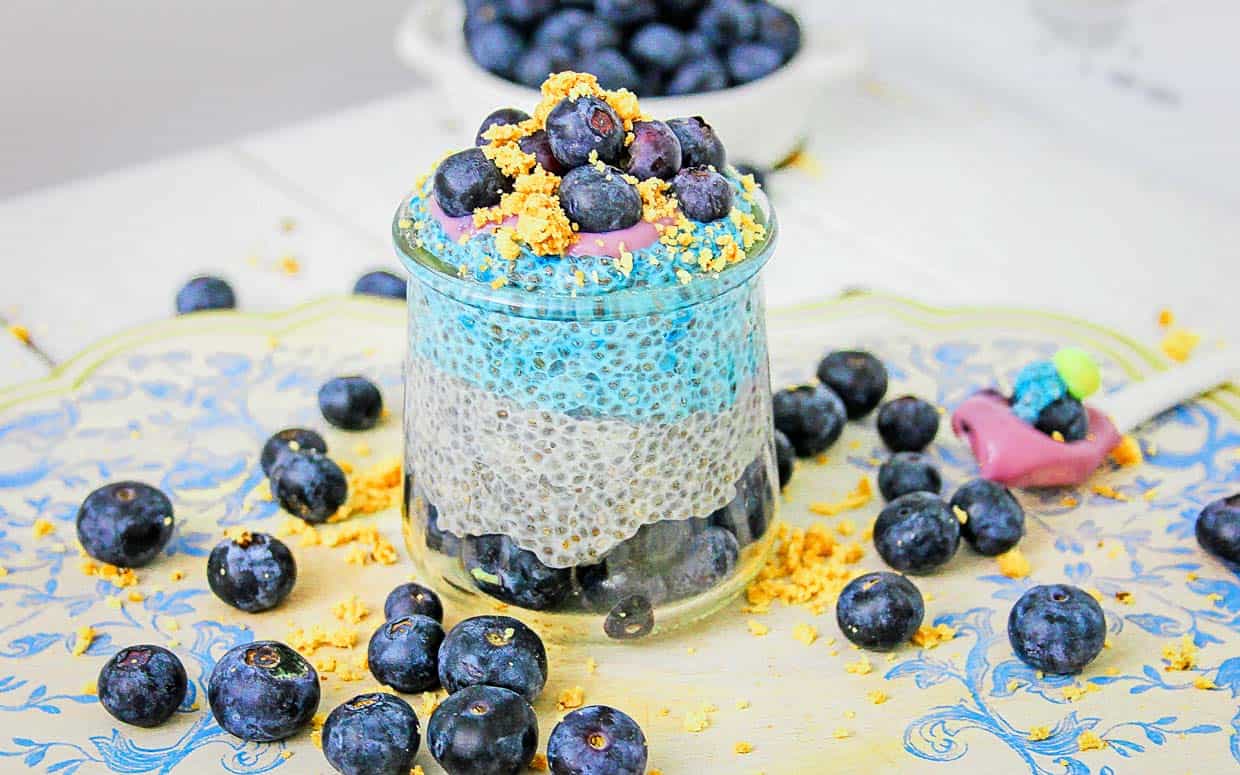 Blueberry chia pudding in a jar with blueberries around it.