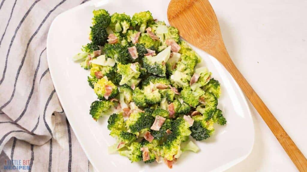 Broccoli Salad with bacon on a plate.
