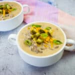 Cheeseburger Soup in two bowls.