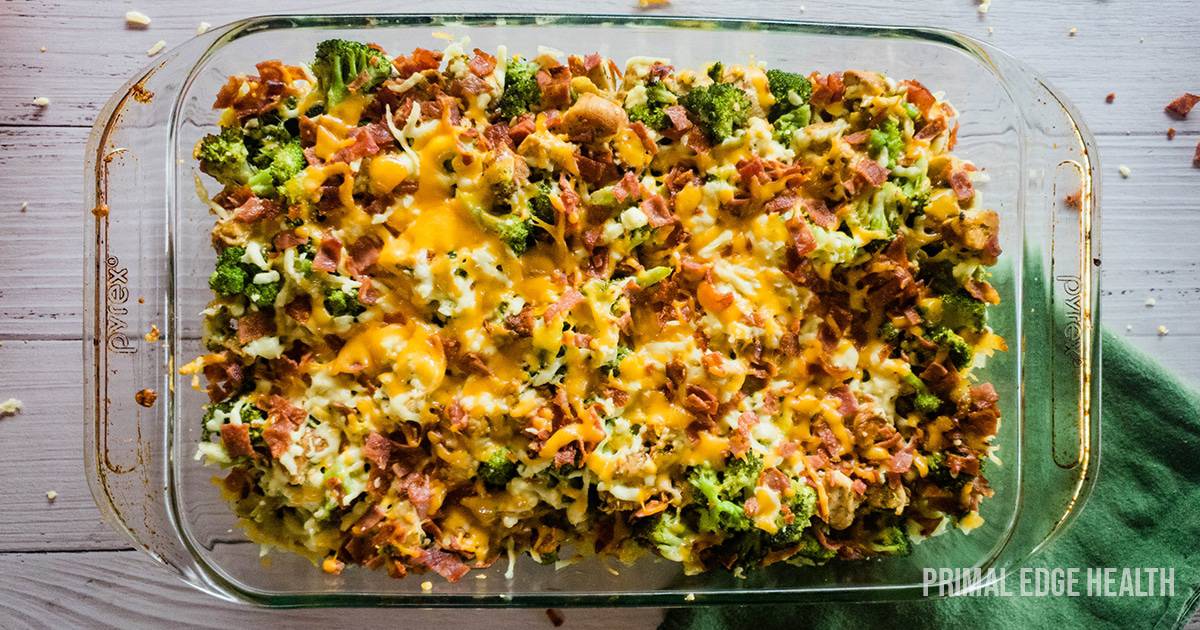 Keto Chicken Bacon Ranch Casserole in a glass container. 