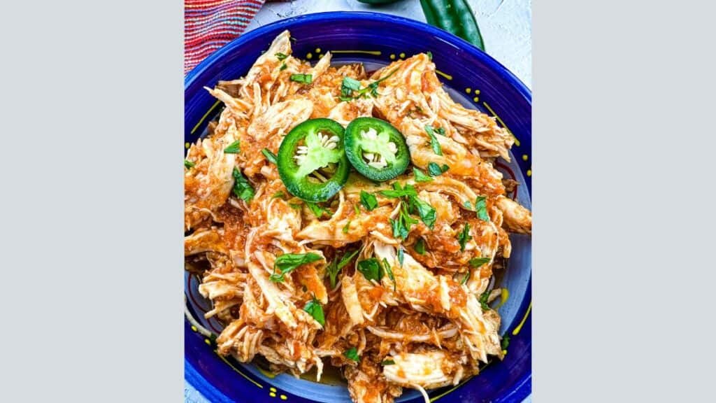 Chicken Tinga in a blue bowl.