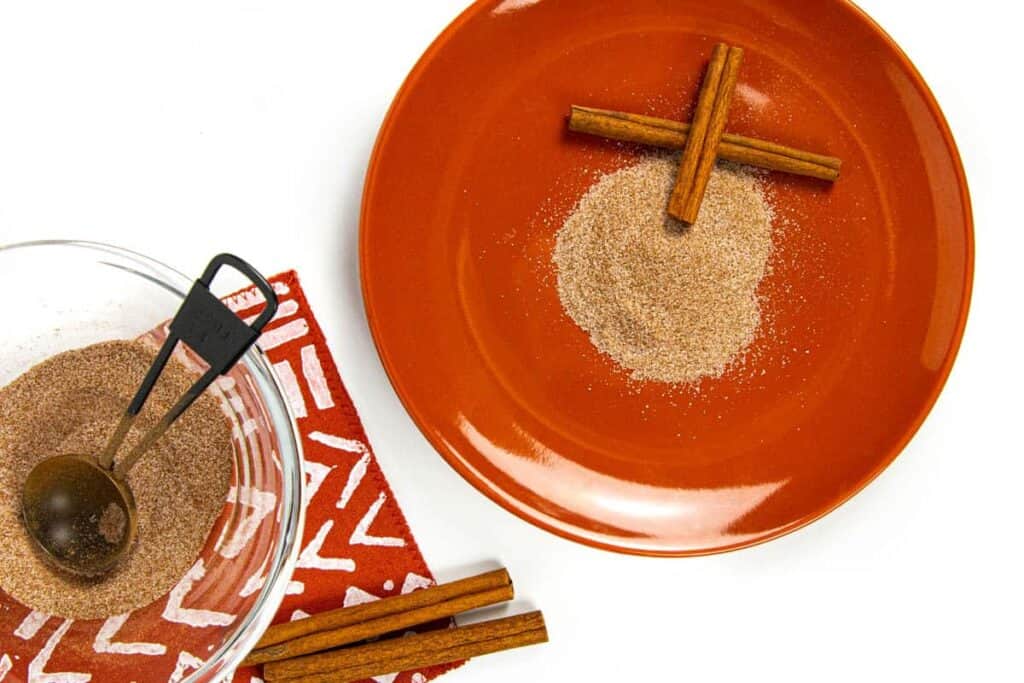 Cinnamon sugar on an orange plate. 