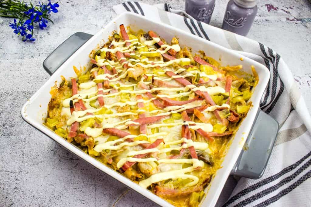 Cubano Casserole in a square baking dish.