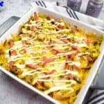 Cubano Casserole in a square baking dish.