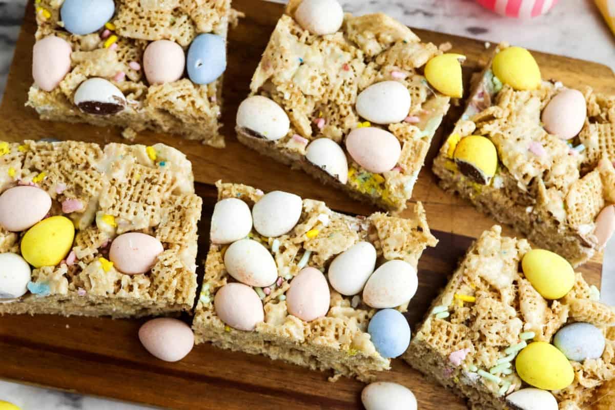 Adorable Easter spring treats on a cutting board.