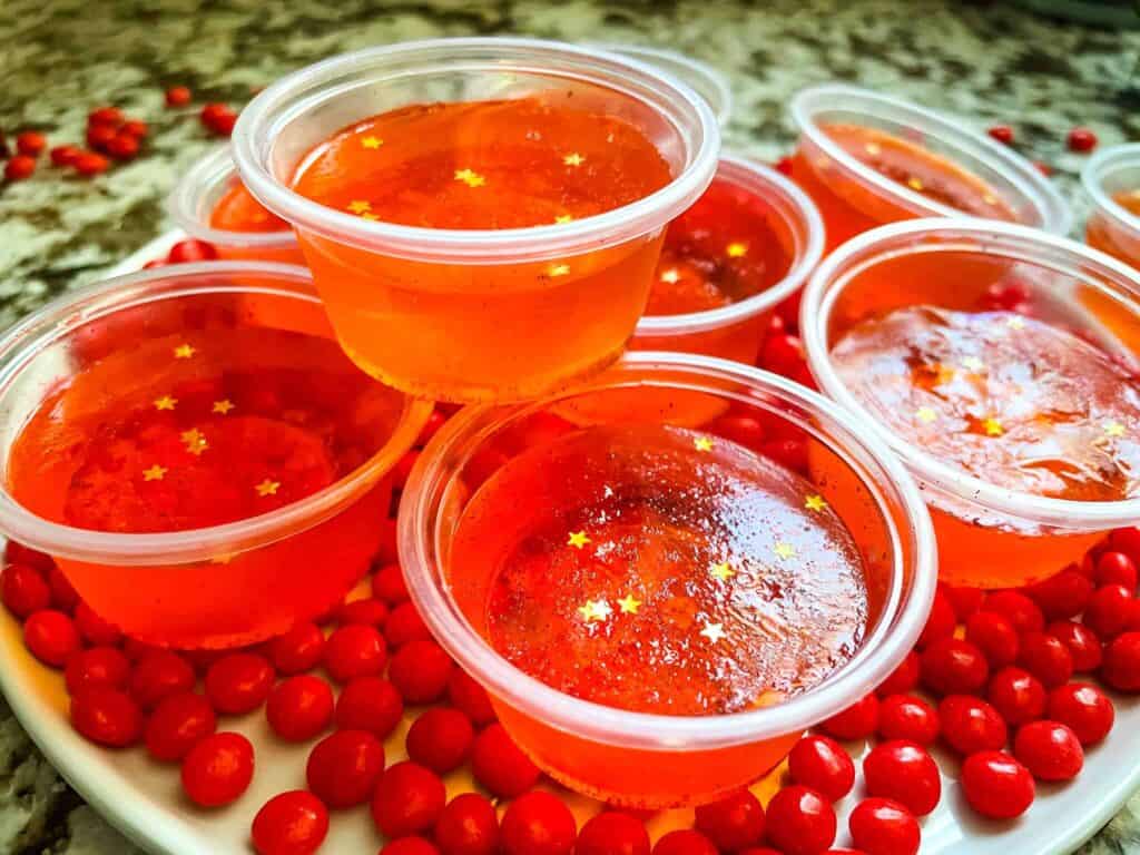 Red jello shots made with Fireball.