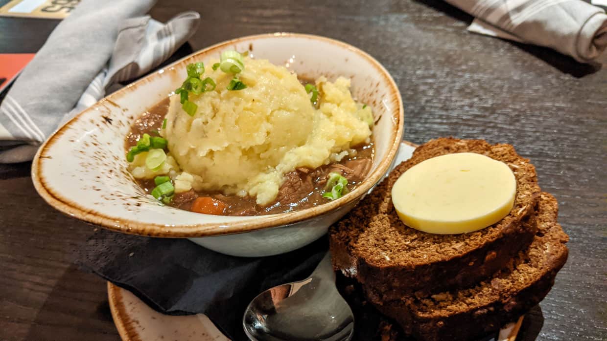Guinness stew with Irish brown bread at the Open Gate Brewery.