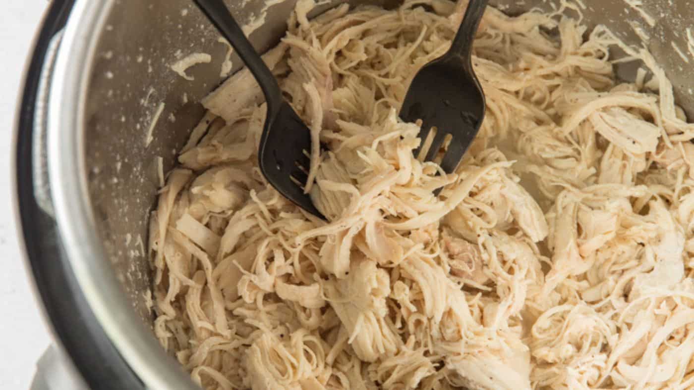 Instant Pot Shredded Chicken Breast in an Instant Pot with two forks.
