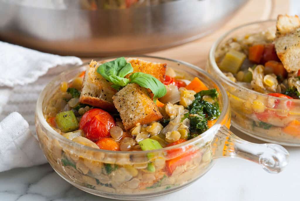 Italian Lentil Soup in glass bowls.