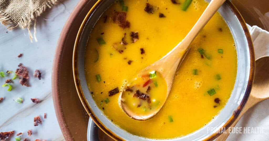 Soup with bacon, beer and cheese in a bowl.