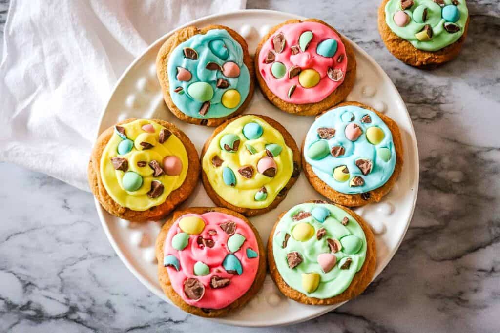 Chocolate Chip Mini Egg Cookies on a plate.