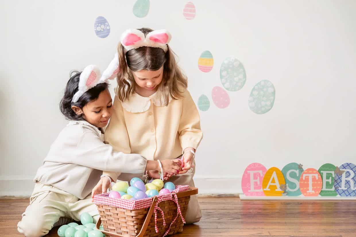 Girls enjoying Easter basket.