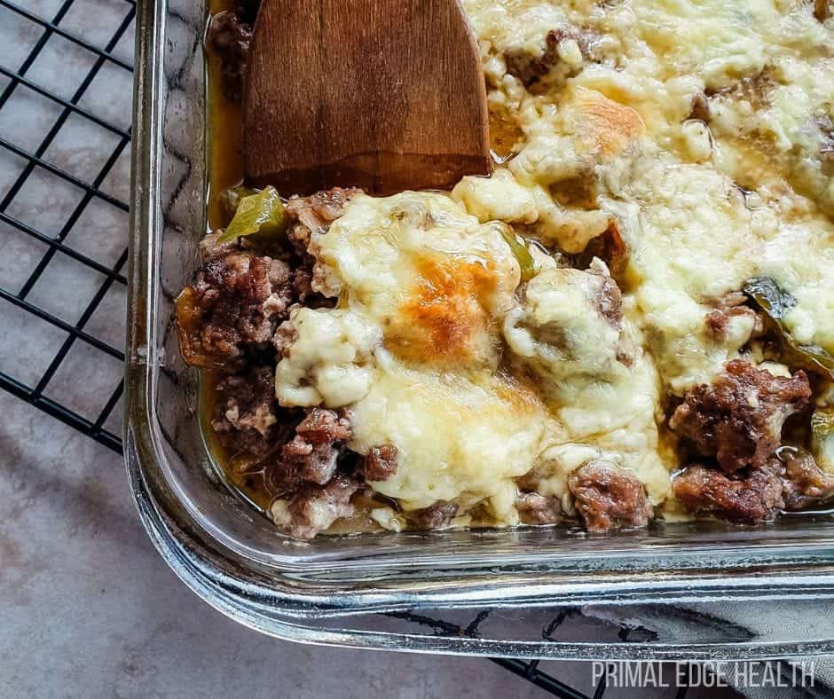 Philly Cheesesteak Casserole in a glass baking dish.