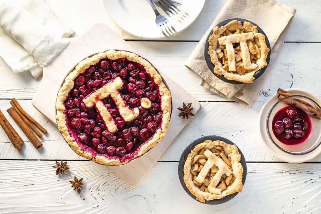Pi day pies on a counter.