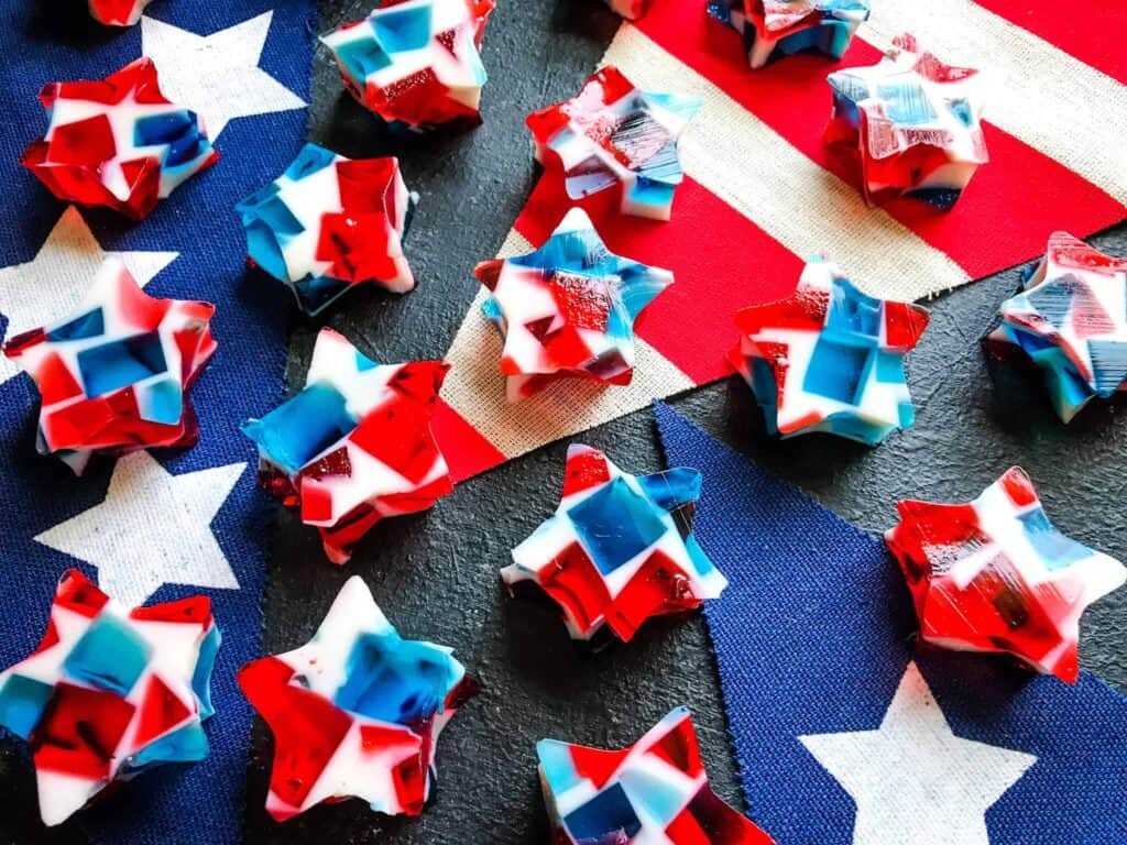 Red, white and blue jello shots in a star shape.