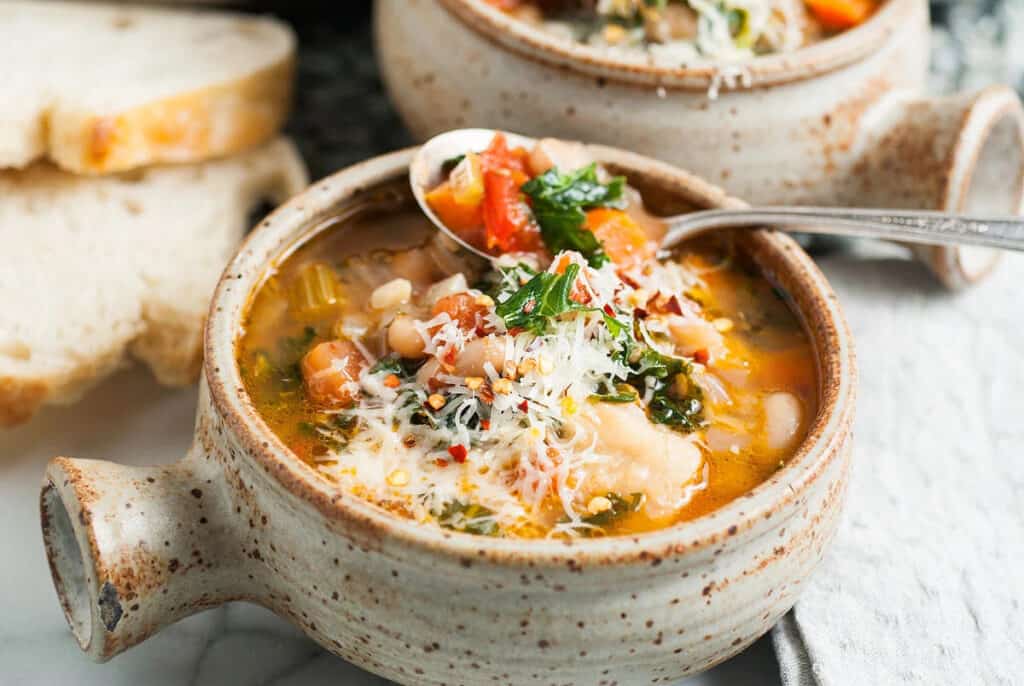 Ribollita bean soup in a bowl. 