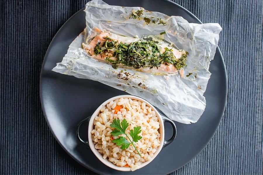 Salmon in parchment paper.